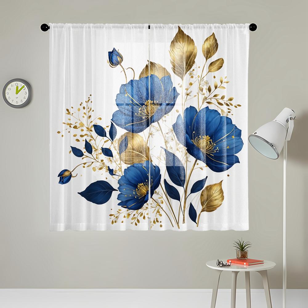 2 шт. HD цифровой синий розово-золотой листовой принт на окнах, декор для дома, стиль, украшение для гостиной, спальни, занавеска на штанге E