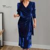Women Autum Spring Dress Cross V Neck Solid Color Lace-up Tight Waist Velvet Mid-calf Length Long Sleeves Pleated Dating Commuting Midi Dress