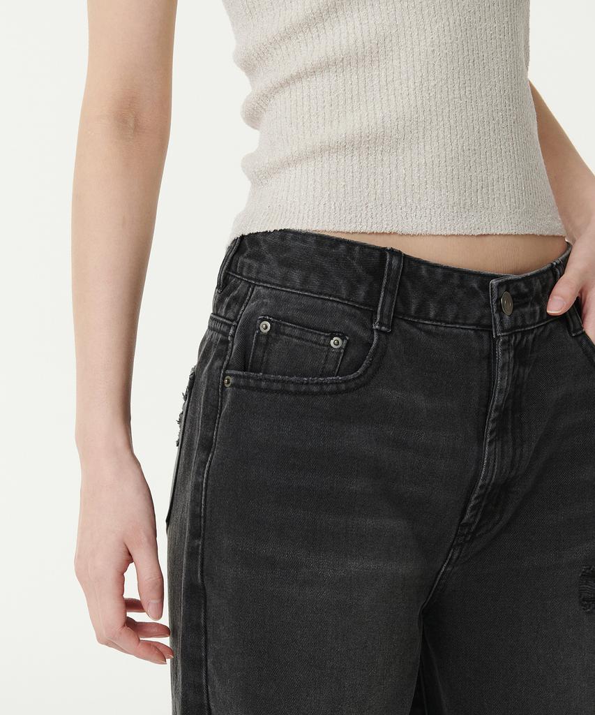 MUSINSA STANDARD WOMAN Женские широкие джинсовые брюки с множественными потертостями [Выстиранный черный]