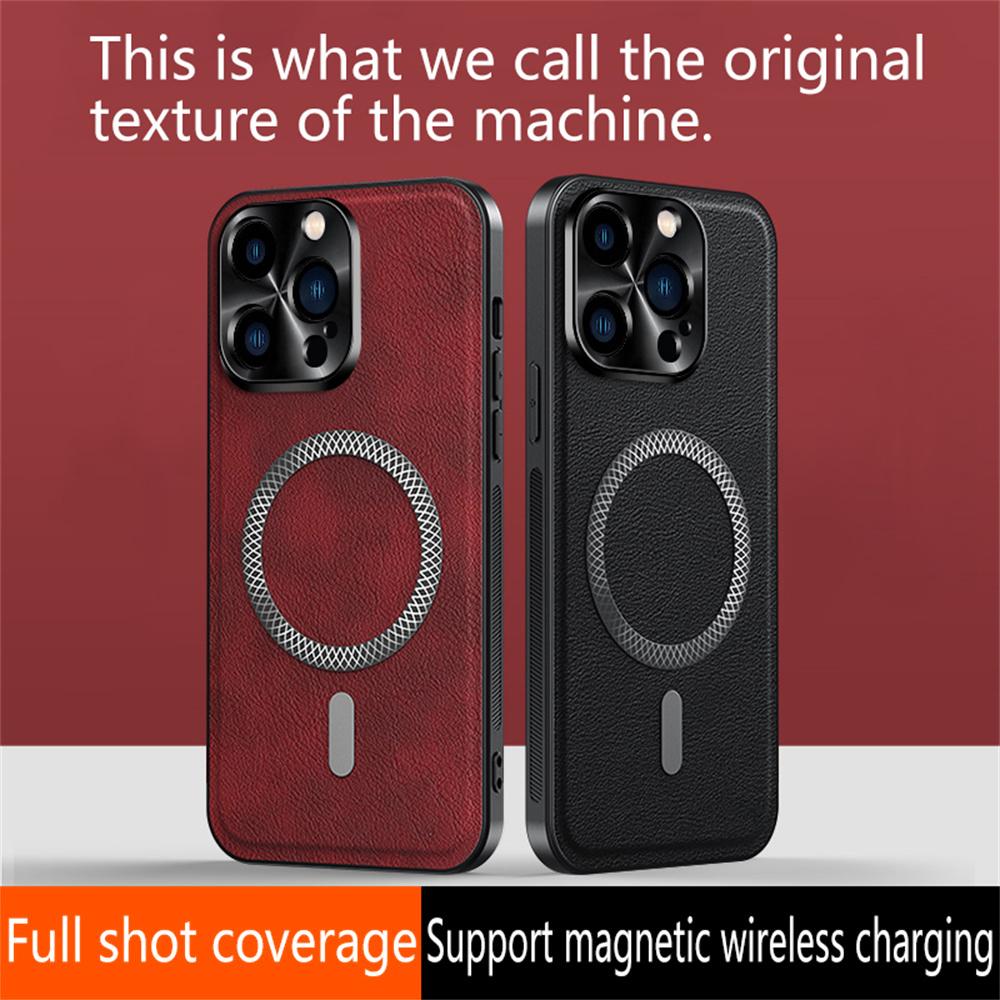 For iPhone 15 Pro Case Compatible with MagSafe PU TPU PC Phone Back Cover with Metal Lens Frame