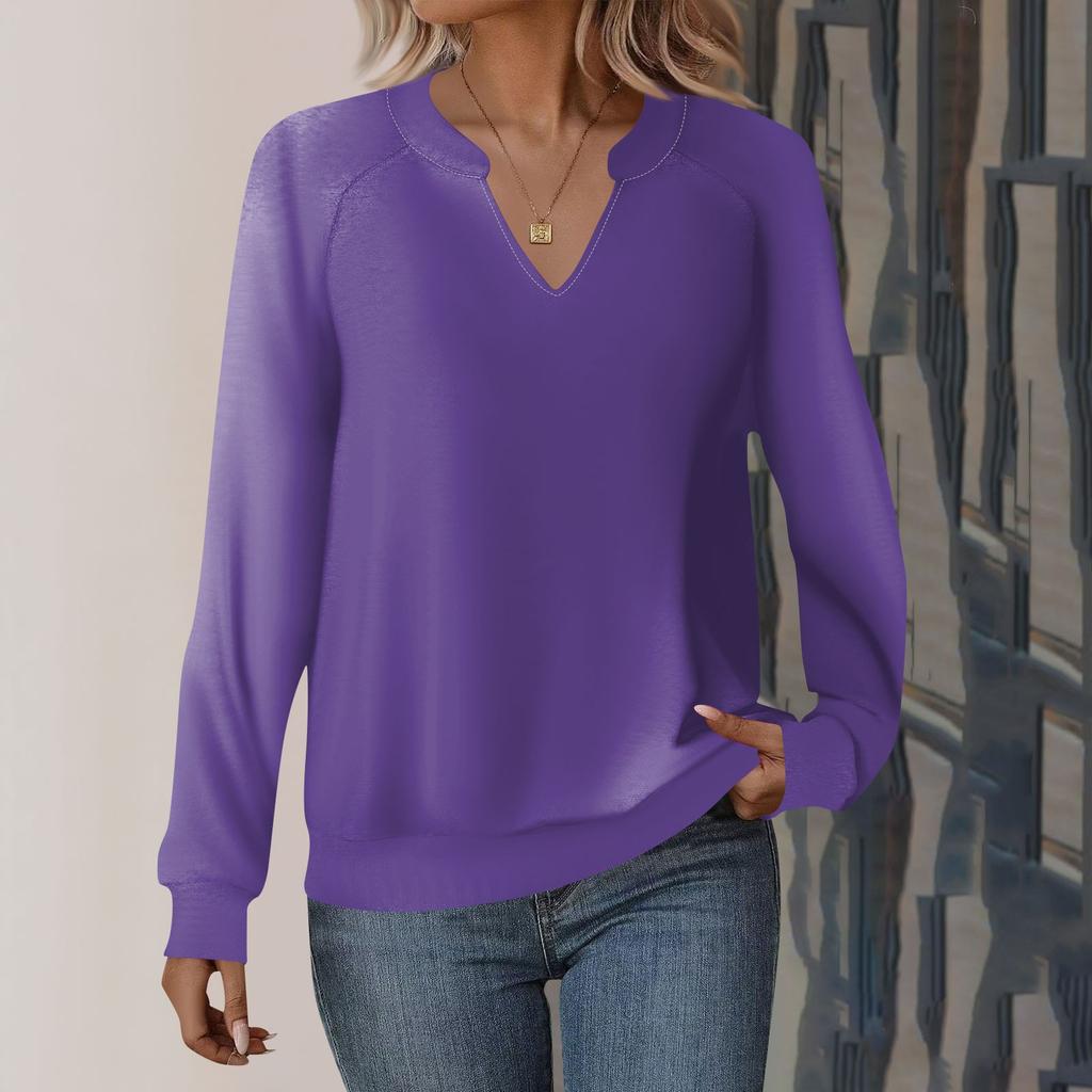 Женская повседневная толстовка с длинным рукавом и V-образным вырезом, однотонный свободный пуловер