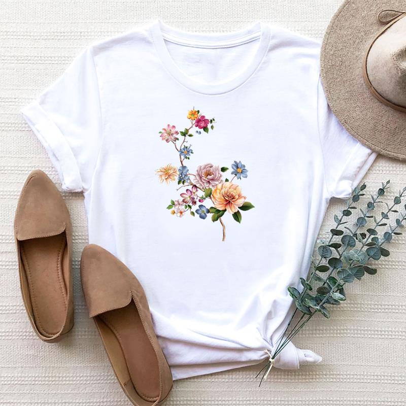 (Asian Size) Tee Top Fashion Flower Lovely Style Cute Trend Women Print T Shirt Woman Summer Female T Clothing Short Sleeve Graphic T-shirts