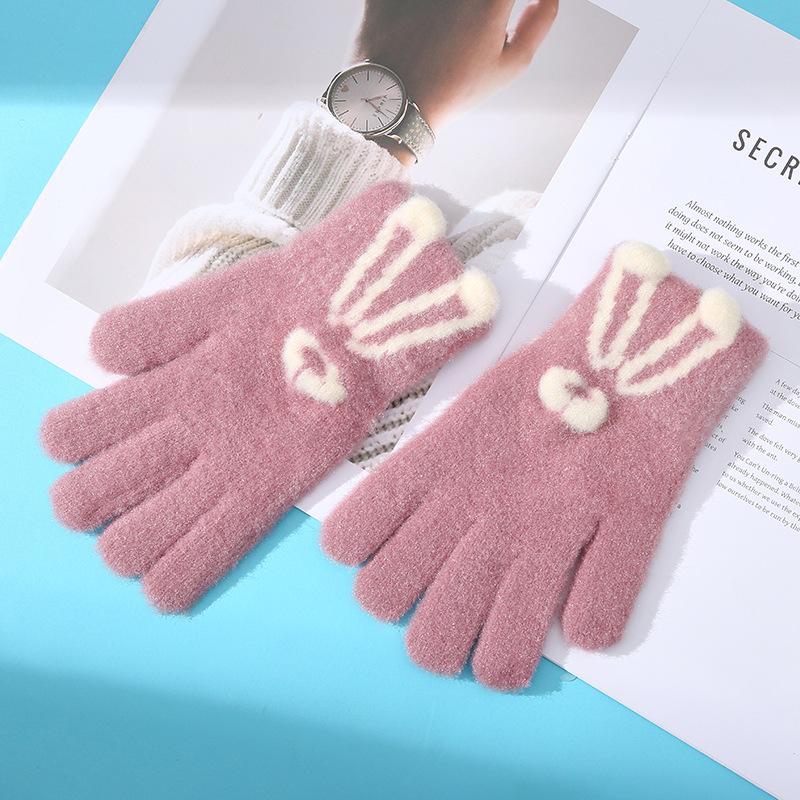 Перчатки для женщин на зиму, вязаные, с милым мультяшным кроликом, утолщенные, теплые, шерстяные, с сенсорным экраном, для студентов, для письма и езды, для защиты от холодных волн