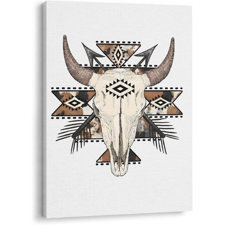 GTYNU Boho Aztec Western Cow Bull Skull Framed Canvas Wall Art Decor, Southwestern Wall Art Canvas Prints, Boho Bedroom Decor, Western Wall Decor for
