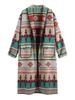 Women's Shawl Collar Long Sleeve Ethnic Style Aztec Geo Tribal Printed Whip Stitch Design Flap Pockets Open Front Longline Wool Blend Coat
