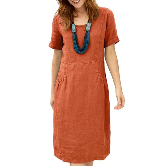 Женское платье с круглым вырезом, сплошной цвет, длиной до колена, свободные, с короткими рукавами, боковые карманы, трапециевидной формы