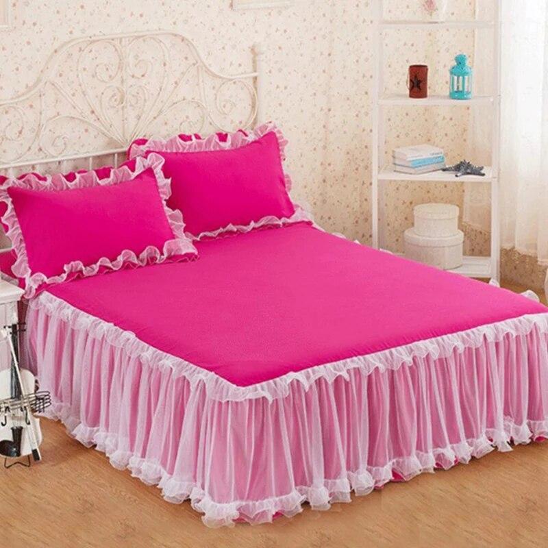 Розовое кружево в виде листьев лотоса, кружевные юбки для кровати, однотонное покрывало в стиле принцессы, нескользящие простыни без наволочки