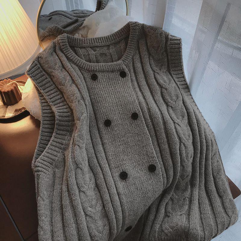 Elegant Double Breasted Vest Cardigan Soft Design Sleeveless Waistcoat Knitted Coat