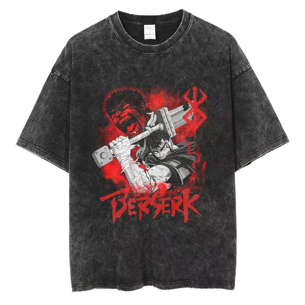 Washed Berserk Cotton Mens Vintage Japan Anime Oversize Shirts Streetwear Summer Short Sleeve TShirt Loose Cotton Tops