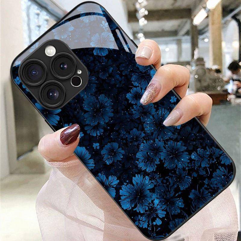 Deep Blue Floral Pattern Tempered Glass Phone Case For Samsung Galaxy S26 S25 S24 S23 Ultra Plus FE Shockproof Cover