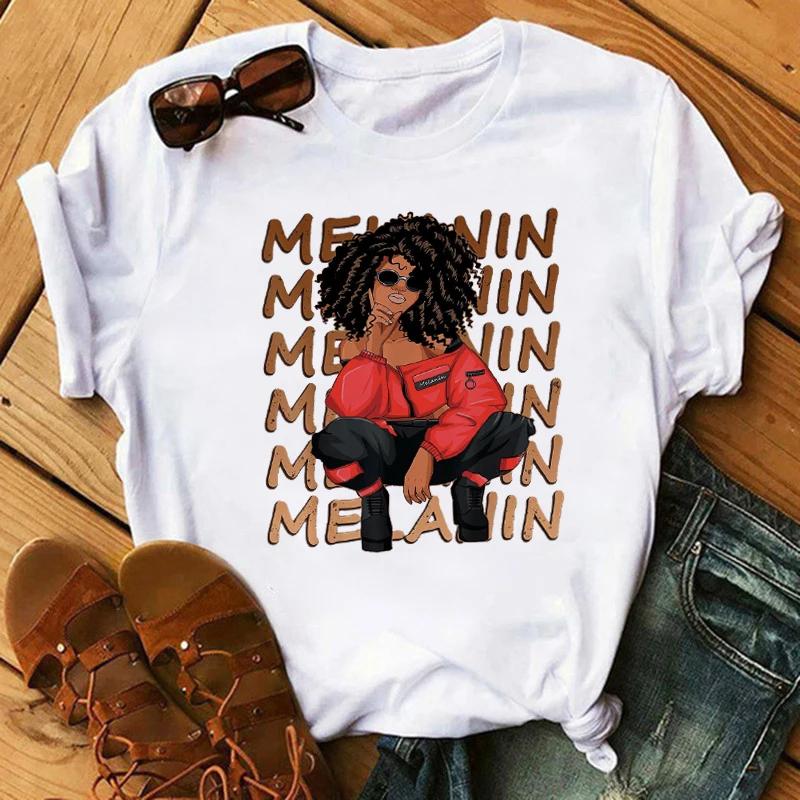 Футболка с модным принтом Kawaii Melanin T Shirt Women Funny Black African Curvy Hair Girl Graphic Tees Aesthetic T Shirt Female Unisex