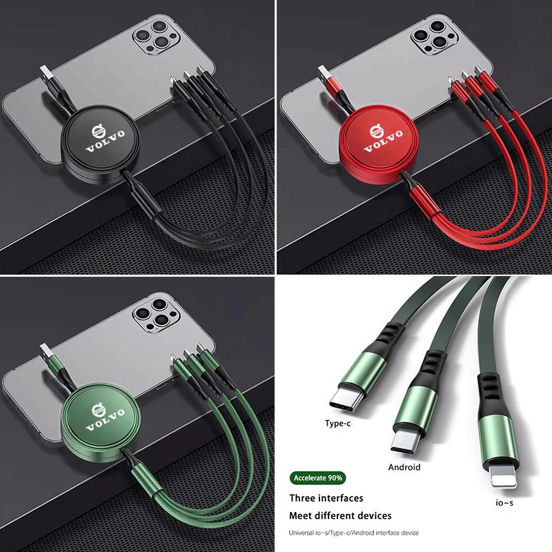 3 In 1 Retractable Data Cable Car Interior Phone Charging Wire Accessories For Volvo Xc60 Xc90 V40 V60 S60 V50 V90 S80 C40 XC40