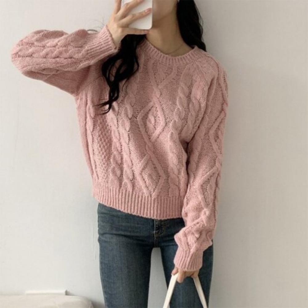 New Arrivals Open Run Pink KniT Round Neck Basic FiT Fisher Cable T shirT