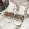 Large Size Women's Slippers Summer New Rhinestone Flat Bottom Square Head One Word Beach Cool Slippers