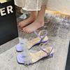 Обувь на среднем каблуке квадратные босоножки для женщин прозрачные летние 2024 фиолетовые женские туфли бант прозрачные стразы ромб H