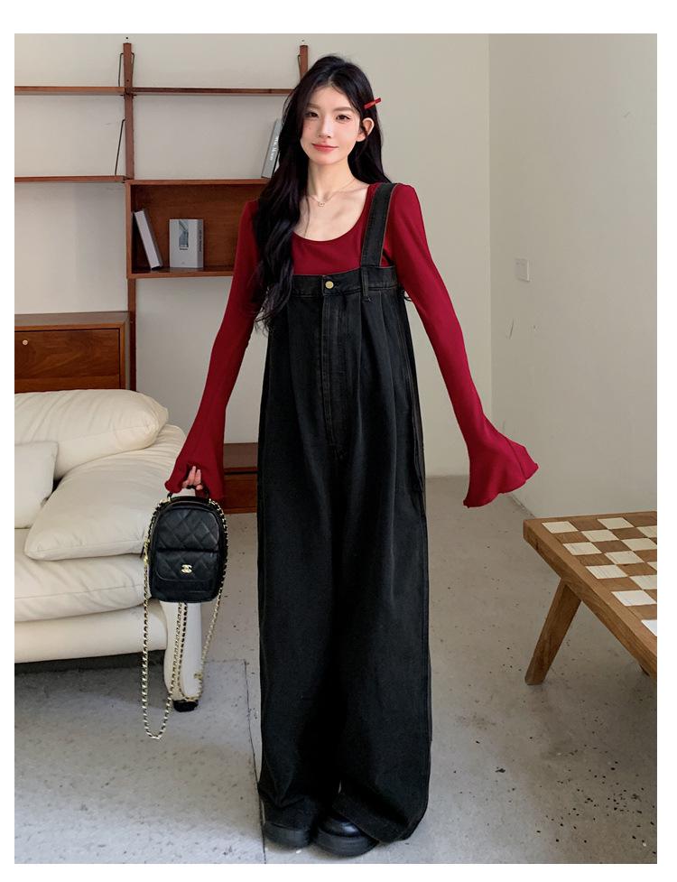 2026 Spring Maternity Set: Washed Denim Overalls & Bell Sleeve Layered Top