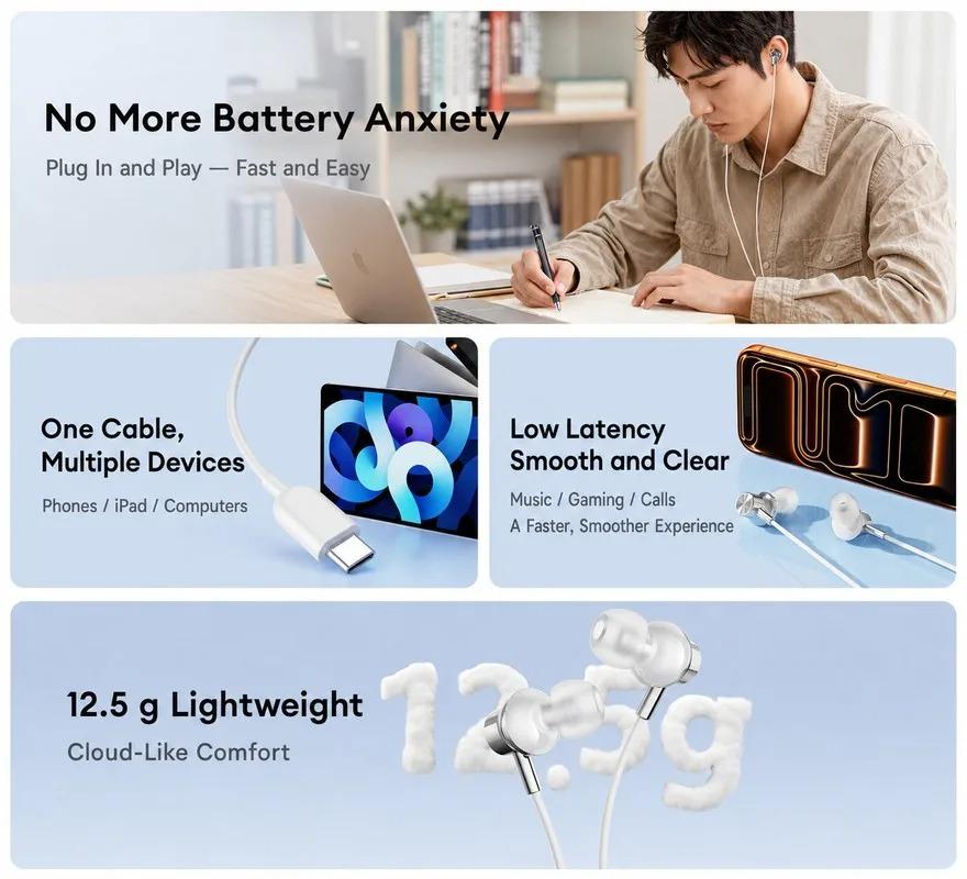 Original Lenovo Y130 3.5mm/Type-C In-Ear Wired Headphones HiFi Stereo HD Call IPX4 Waterprof Wired Sport Earbuds 0 Latency Gaming Headset