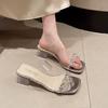 2025 Summer New Crystal Thick Heel Rhinestone Temperament Fairy Style Skirt Transparent Explosion Outside Wearing Slippers Mother Drag