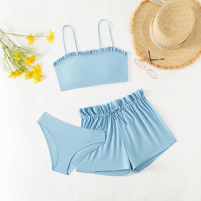Комплект купальника с оборками 2025: Европейский и американский стиль однотонное бикини для девочек