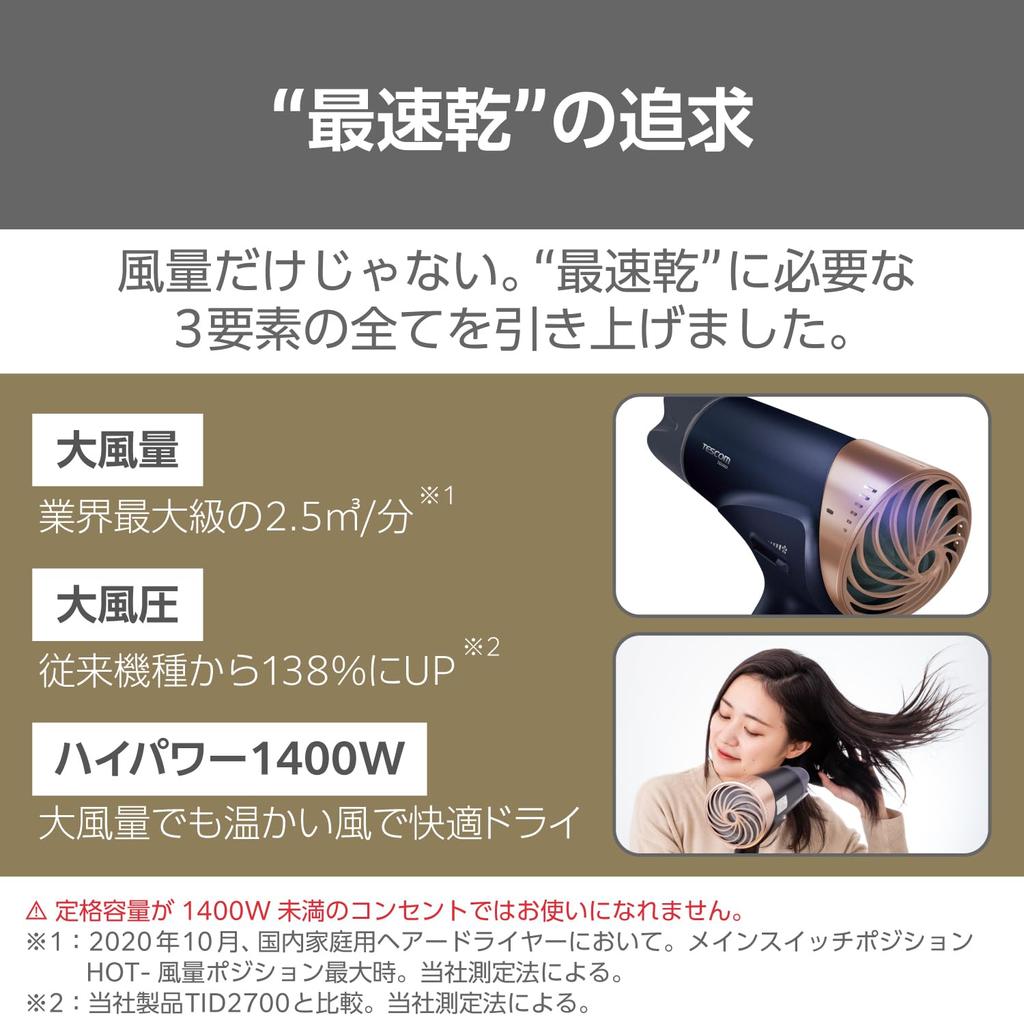 TESCOM Hair Protect совместим с большим феном Air Quick Air Rakuten Navy TID5000 A, ионизация, Overseas, складной, объем, сушка, холодная/горячая скорость, штекер,