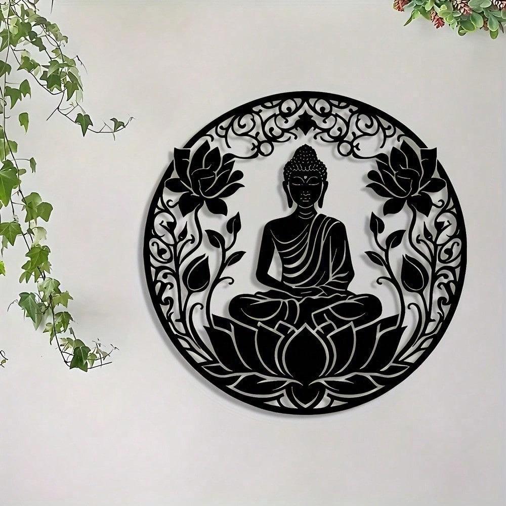 2D Flat, 1 Piece Of Lotus Metal Wall Art With A Serene Buddha Statue - With A Intricate Floral Design