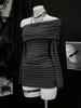 Европейское и американское полосатое облегающее платье, короткое bodycon с затягивающейся талией и длинными рукавами