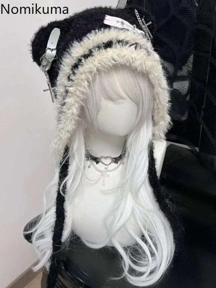 Harajuku Gothic Lolita Вязаная шапка с кошачьими ушками Женская панк-дизайнерская зимняя черная шапка-бини Милая шапка Женские аксессуары Кепка