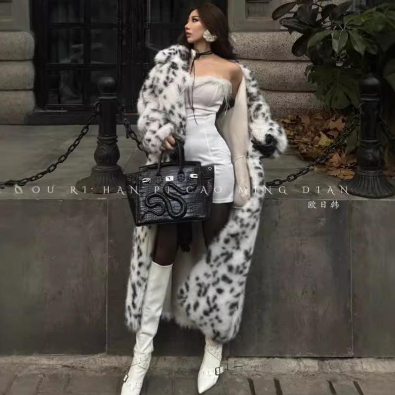 Womens Faux Fur Long Coat With Leopard Print Oversized Streetwear Winter Outerwear