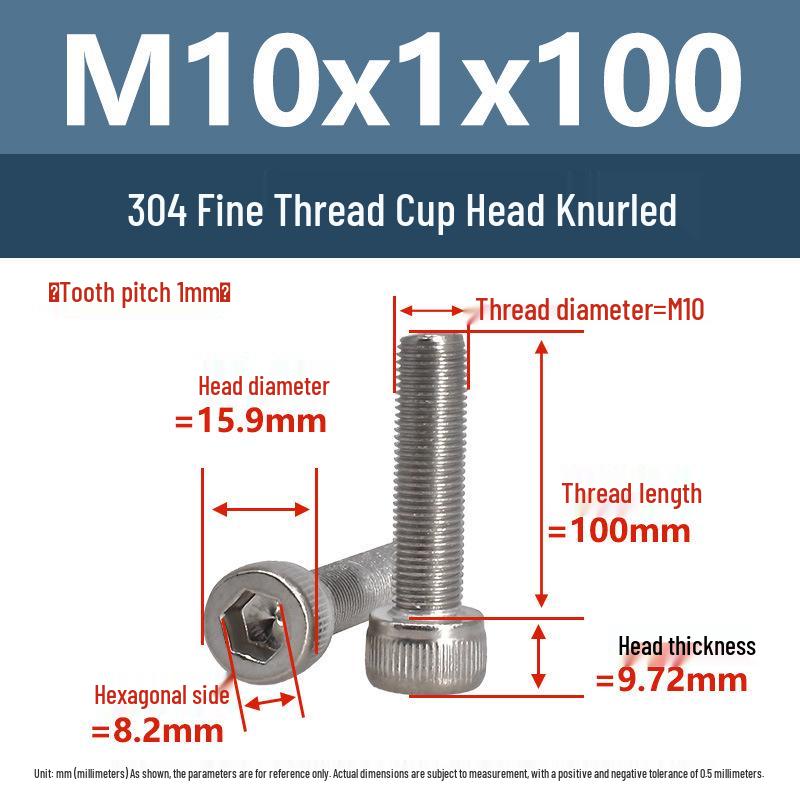 Yigu Fine Thread Knurled Socket Head Screws, 304 Stainless Steel, M3-M12