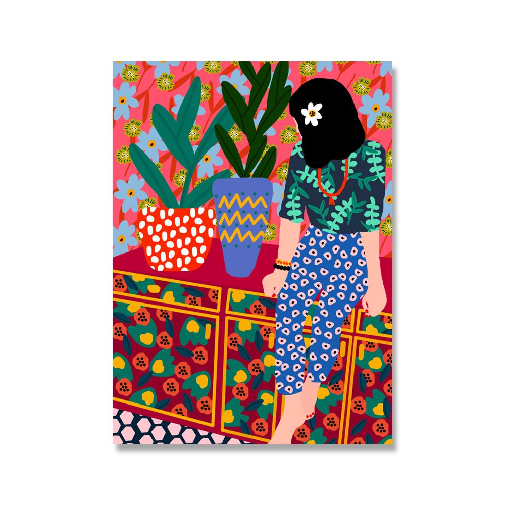 Абстрактная красочная модная девушка, растение, настенная живопись на холсте, скандинавский бохо, современный постер и принты, картина для декора гостиной