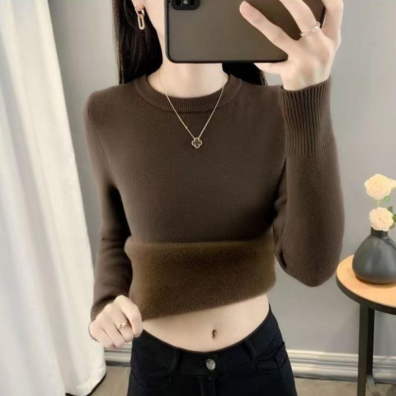 Пуловер, осенние и зимние свитера, женские свитера 2023, однотонный трикотаж с круглым вырезом и подкладкой, теплый свитер с длинными рукавами, пуловер, женский топ