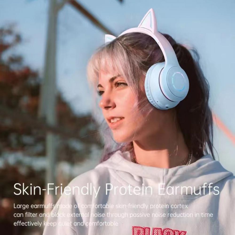 Наушники-кошачьи ушки с подсветкой RGB, беспроводные, V5.1, складная гарнитура, съемный микрофон, компьютерные игровые наушники
