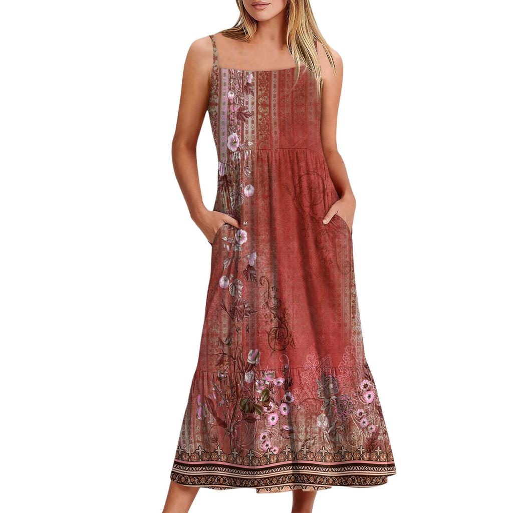Женское длинное пляжное повседневное элегантное платье макси на тонких бретельках с цветочным принтом, струящееся платье в стиле бохо