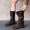 Cowhide Western Cowboy Boots Women's Brown Belt Buckle Pile Boots Medium Knight Boots New Retro Strap Boots Women