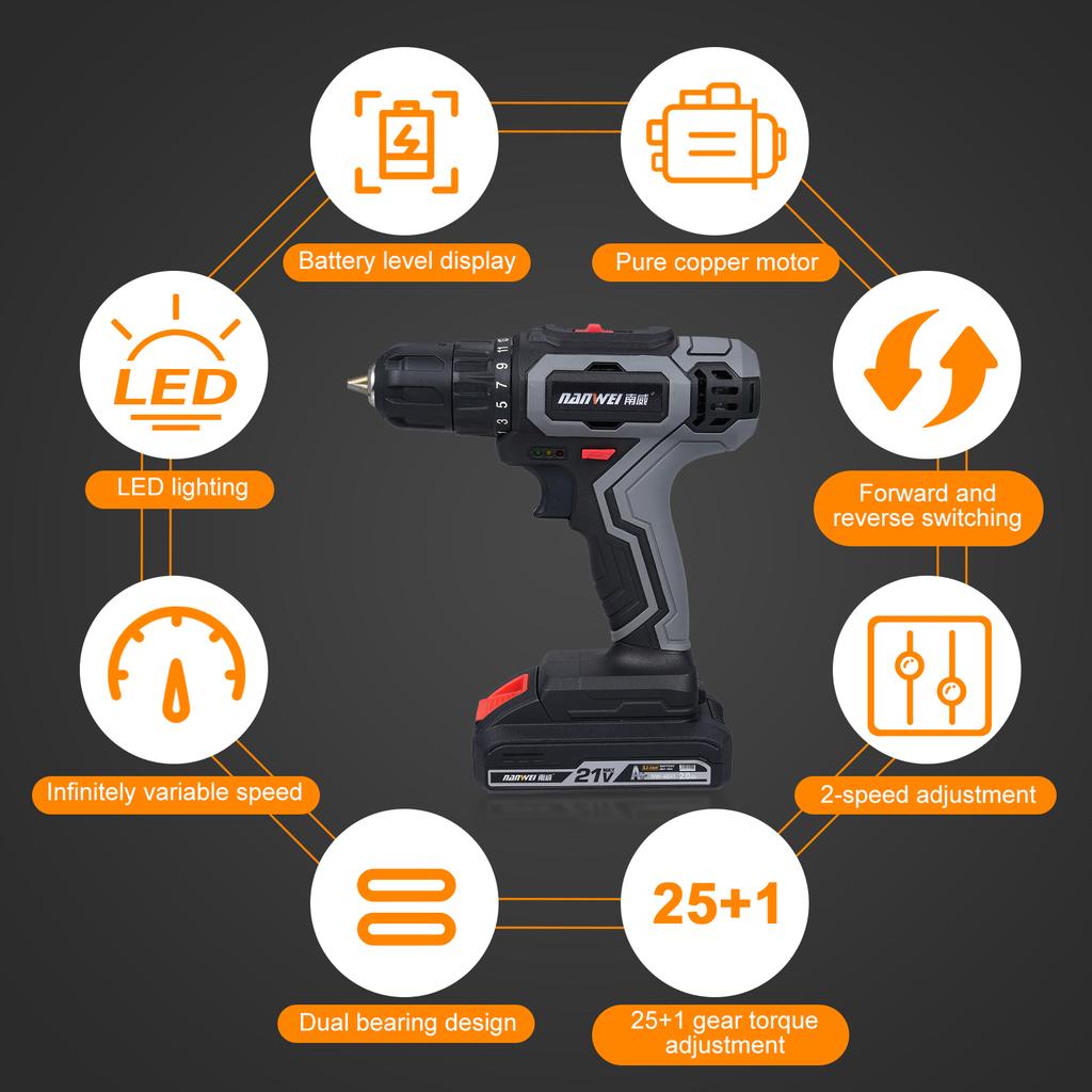 Electric Drill Sets Dual Speed Cordless Drill 25+1 Gear Torque Adjustment 10pcs Bit Connector, 9pcs