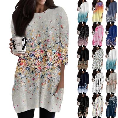 Женские повседневные рубашки с рукавами 3/4, модные туники с принтом, топы с карманами