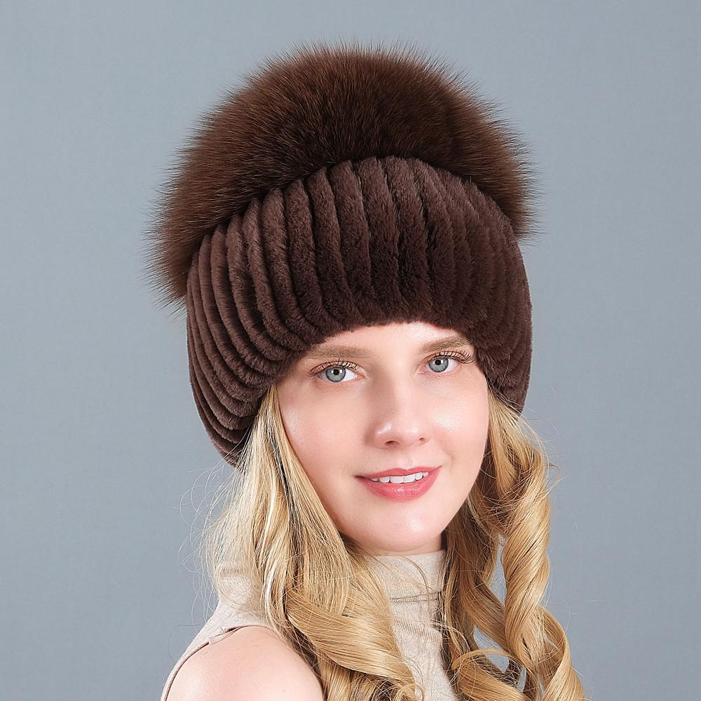 New Style Women Real Genuine Fox Fur Beanies Hat Girls Natural Real Rex Rabbit Fur Skullies Cap Knit Winter Real Fur Hats