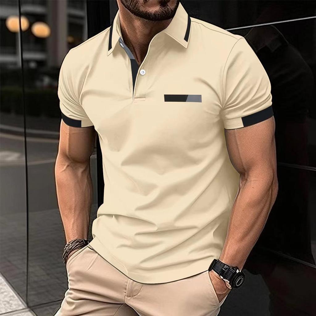 New Men's Casual POLO Shirt Chest False Pockets Lapel Buttons Business T-shirt Tops Male