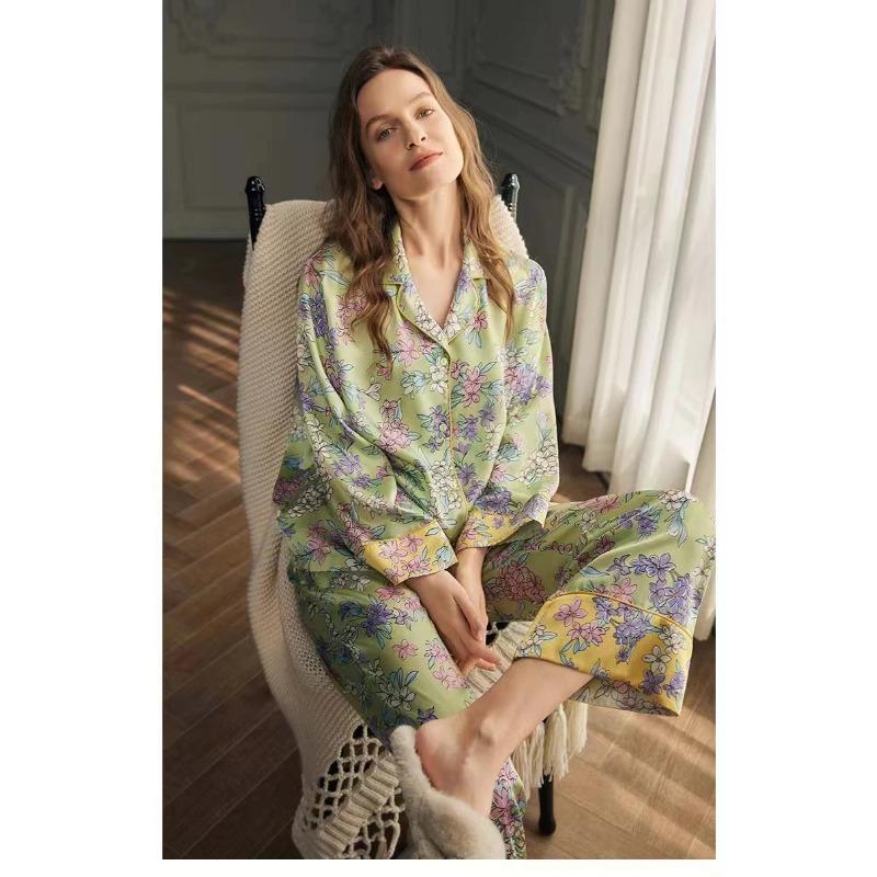 Осенняя шелковая женская пижама с принтом, длинная пижама с пуговицами на лацканах, кардиган, одежда для дома, пижама из чистого шелка, комплект из 2 предметов