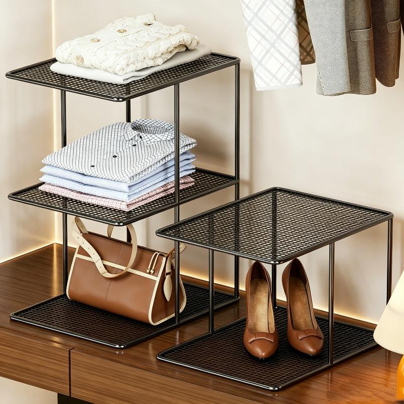 Stackable Metal Mesh Closet Shelf Organizer Multi Tier Storage Rack For Wardrobe Cabinet