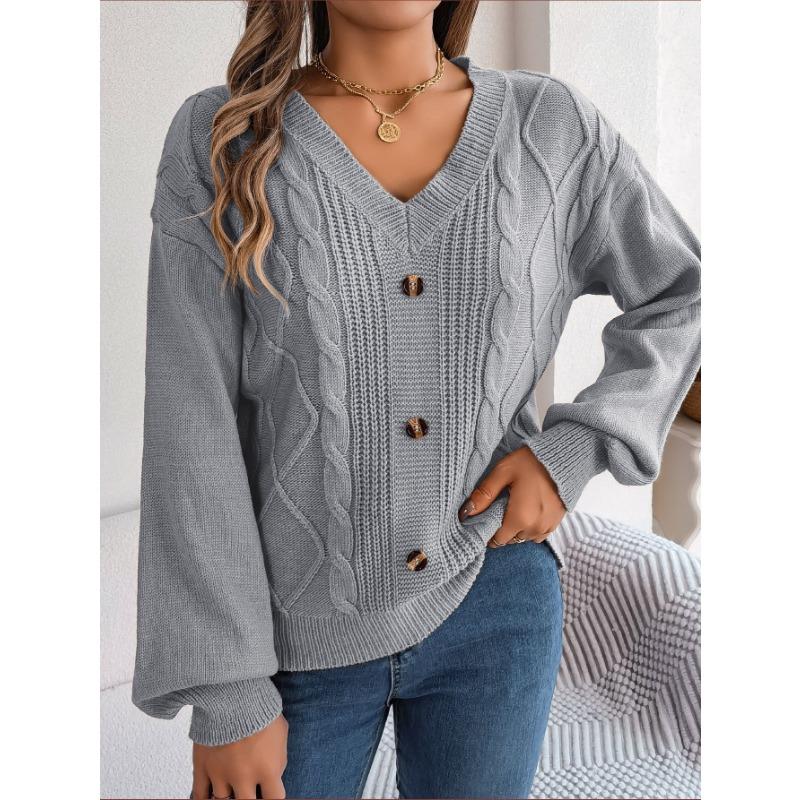 Women's Autumn and Winter Solid Color V-neck Button Twist Lantern Sleeve Pullover Sweater