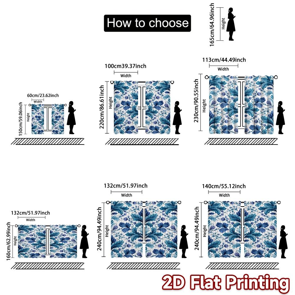 2D FLAT PRINTING 2pcs Curtains (Without Rod) Blue Floral Motif Chic Minimalist Curtains Versatile Polyester Curtains Festive