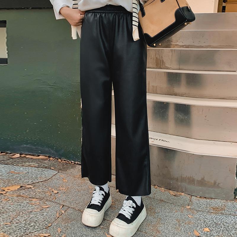 Большие размеры женские широкие повседневные прямые брюки с высокой талией из винтажной кожи