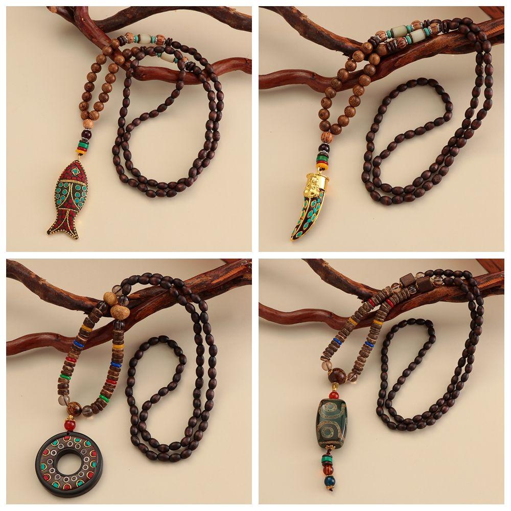 Boho Ethnic Jewelry Lucky Gift Party Mala Wood Bead Buddhist Horn Fish Pendant Nepal Necklace