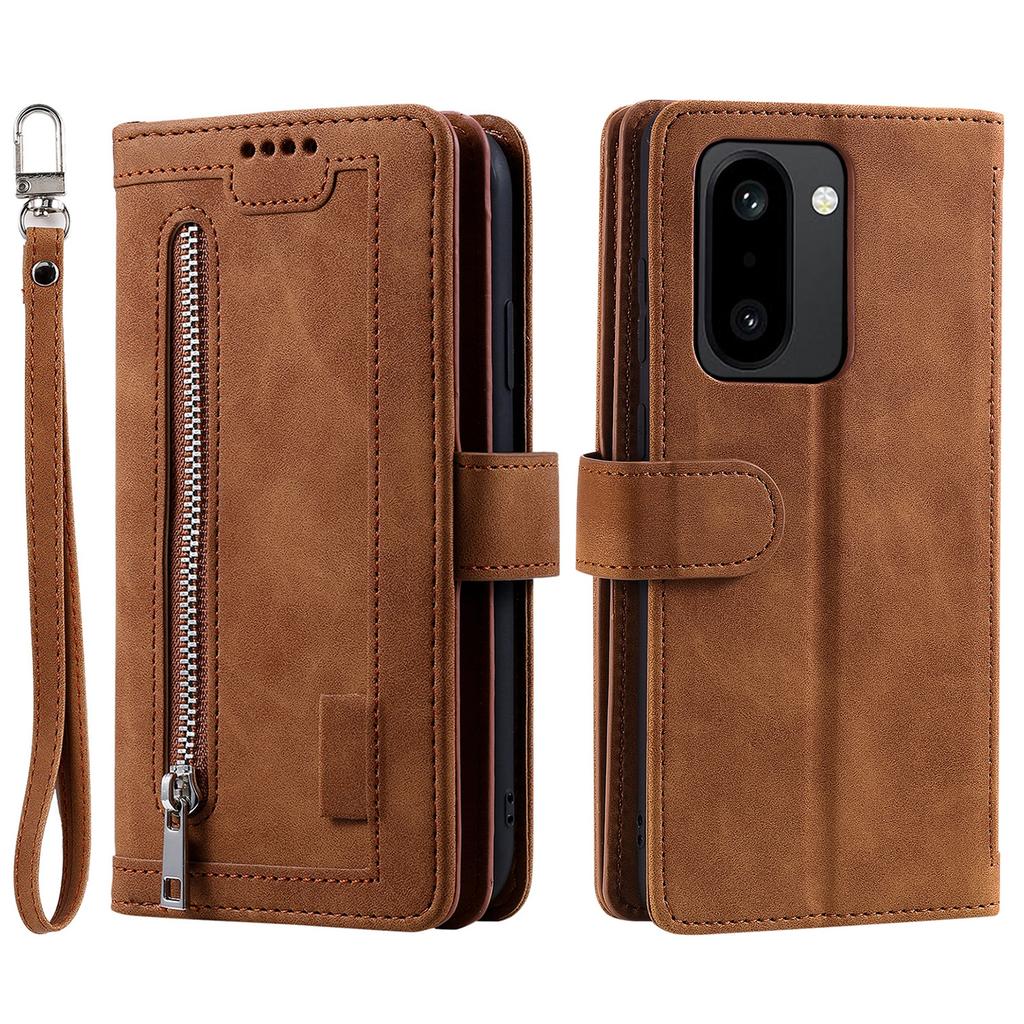 For OnePlus 15R 5G Case 9 Card Slots Zipper Wallet PU Leather Phone Cover with Wrist Strap