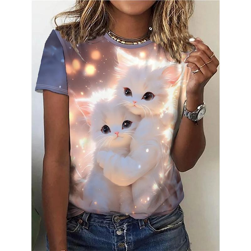 Funny Cat Pattern T Shirt For Women Clothing Cute Animal 3D Printed Short Sleeves Summer Oversized T-Shirts O-Neck Girl Tops Tees