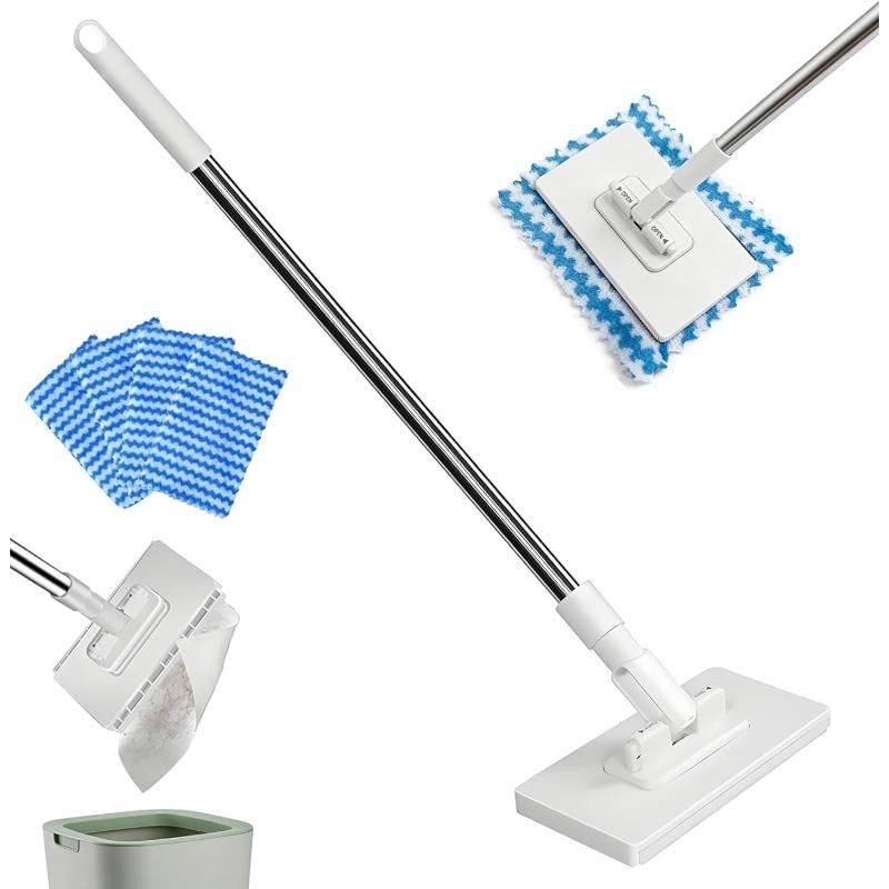 Automatic Cloth Changing Hands-Free Mini Mop, Snap Grip Lazy Mops ,Disposable Dust Mop with 4 Reusable Cloths, 360°Rotating Head Long Handle Stick