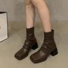Осень/Зима Женская обувь с застежкой-молнией сзади, женские сапоги, модные, плиссированные, с квадратной головкой, однотонные, на толстом высоком каблуке, ботильоны для женщин
