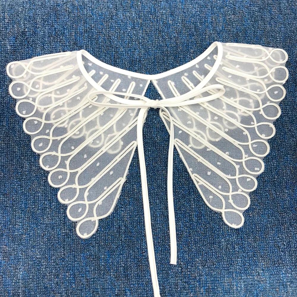 Women Girls Chiffon Lace Fake False Collar Decorative Double Layer Ruffles Embroidery Choker Blouse Shawl Bowtie