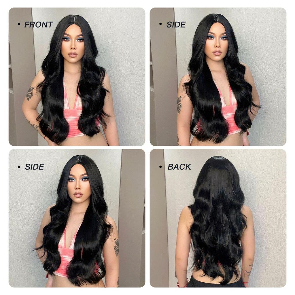 ALAN EATON Long Black Wavy Synthetic Wigs for Black Women Long Natural Wigs With Bangs Heat Resistant Daily Cosplay Fake Hair Wig